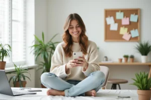 Jeune influenceuse enregistrant une vidéo sur smartphone depuis son bureau home studio, illustrant les stratégies de marketing d'influence en 2024