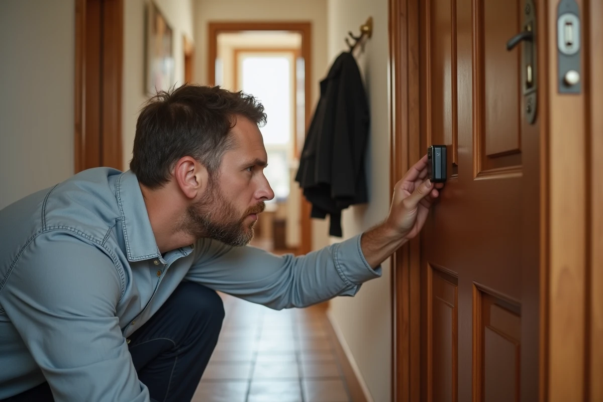 Homme installant un capteur connecté Foyerlumina sur le cadre de porte d'entrée d'une maison