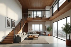 Intérieur d'un appartement duplex moderne avec salon en rez-de-chaussée et mezzanine reliée par un escalier en bois