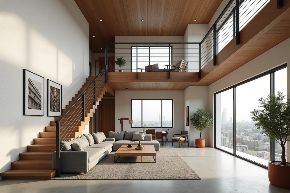 Intérieur d'un appartement duplex moderne avec salon en rez-de-chaussée et mezzanine reliée par un escalier en bois