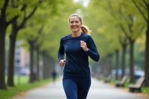 Femme d'âge moyen en tenue de sport courant dans un parc urbain
