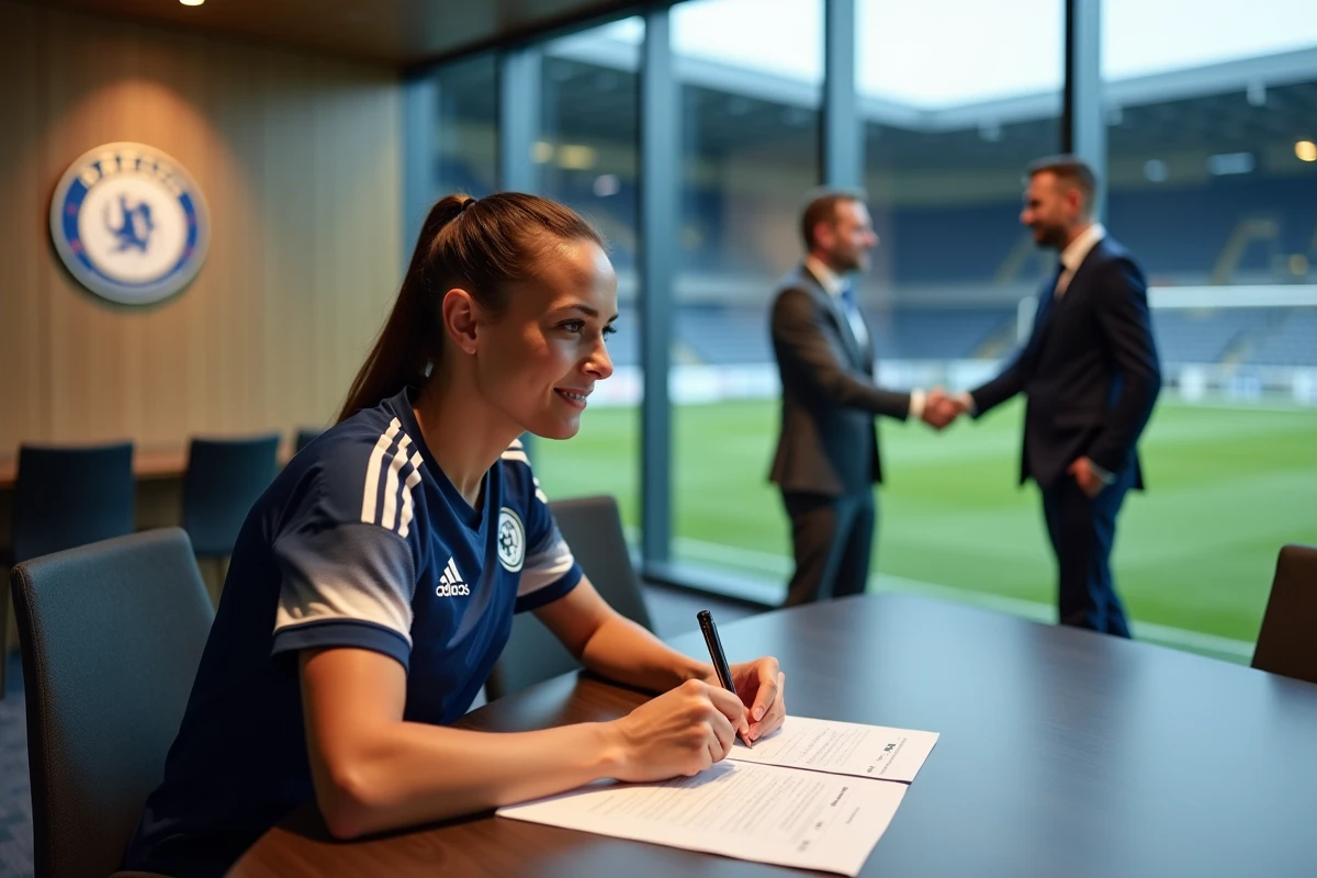 Joueuse de football professionnel signant un contrat de transfert dans une salle de réunion de club en 2026