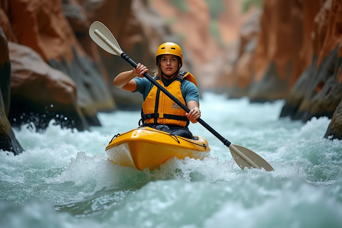 Femme en kayak sur une rivière rapide portant un gilet de sauvetage jaune et un casque de protection