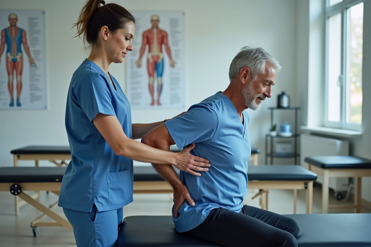 Séance de kinésithérapie pour un patient souffrant de hernie foraminale en cabinet de rééducation