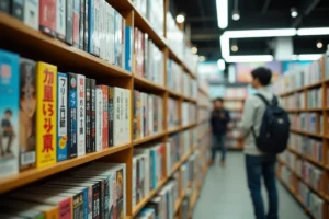 Étagères d'une librairie manga japonaise remplies de volumes colorés dans une boutique de Tokyo