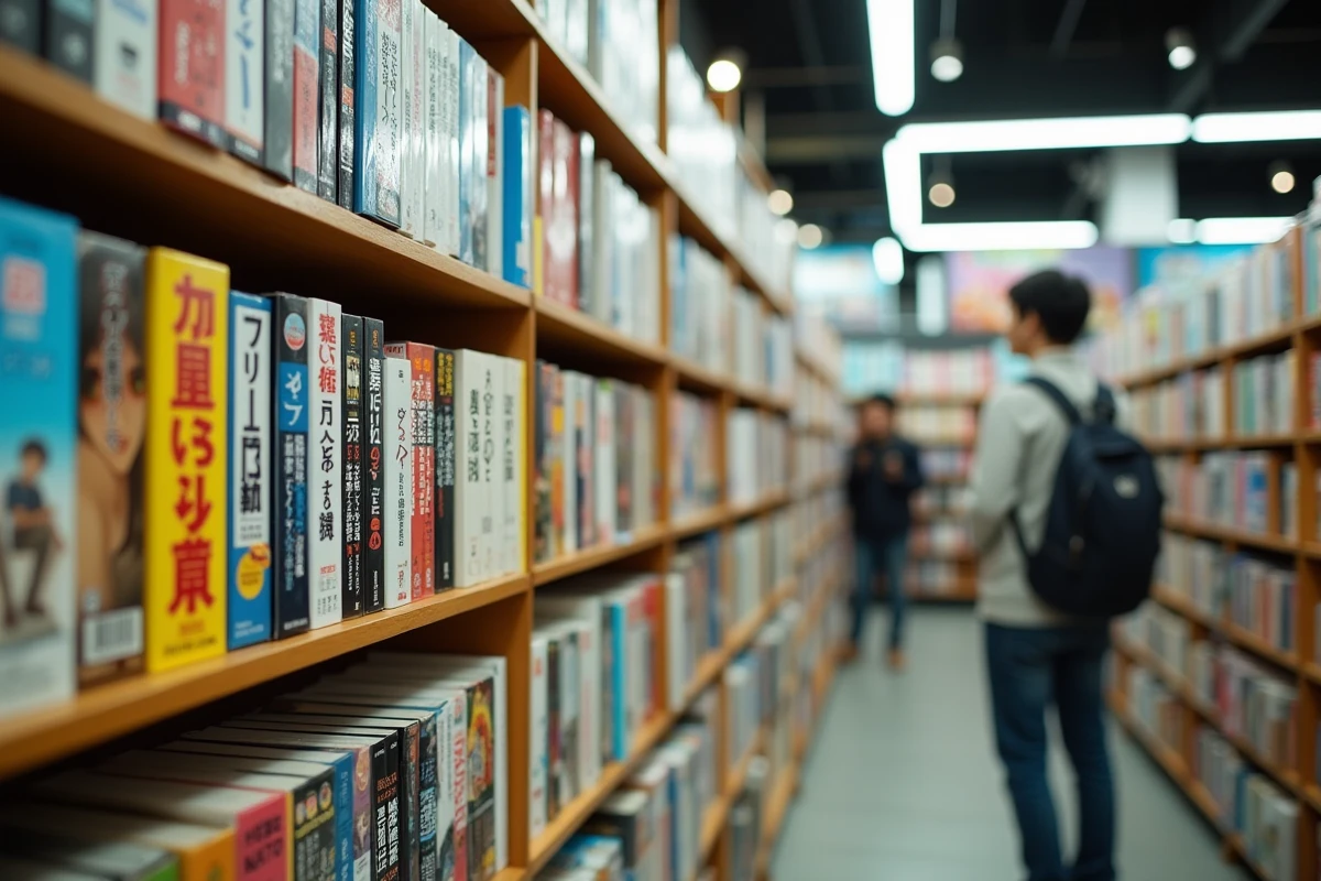 Étagères d'une librairie manga japonaise remplies de volumes colorés dans une boutique de Tokyo