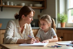 Mère bienveillante à genoux écoutant attentivement sa fille à la table de cuisine familiale