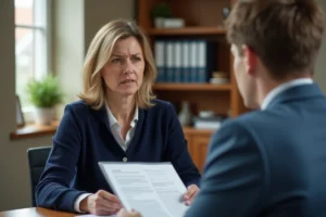 Mère de famille tenant des documents face à un administrateur scolaire lors d'une réunion officielle dans un bureau d'école