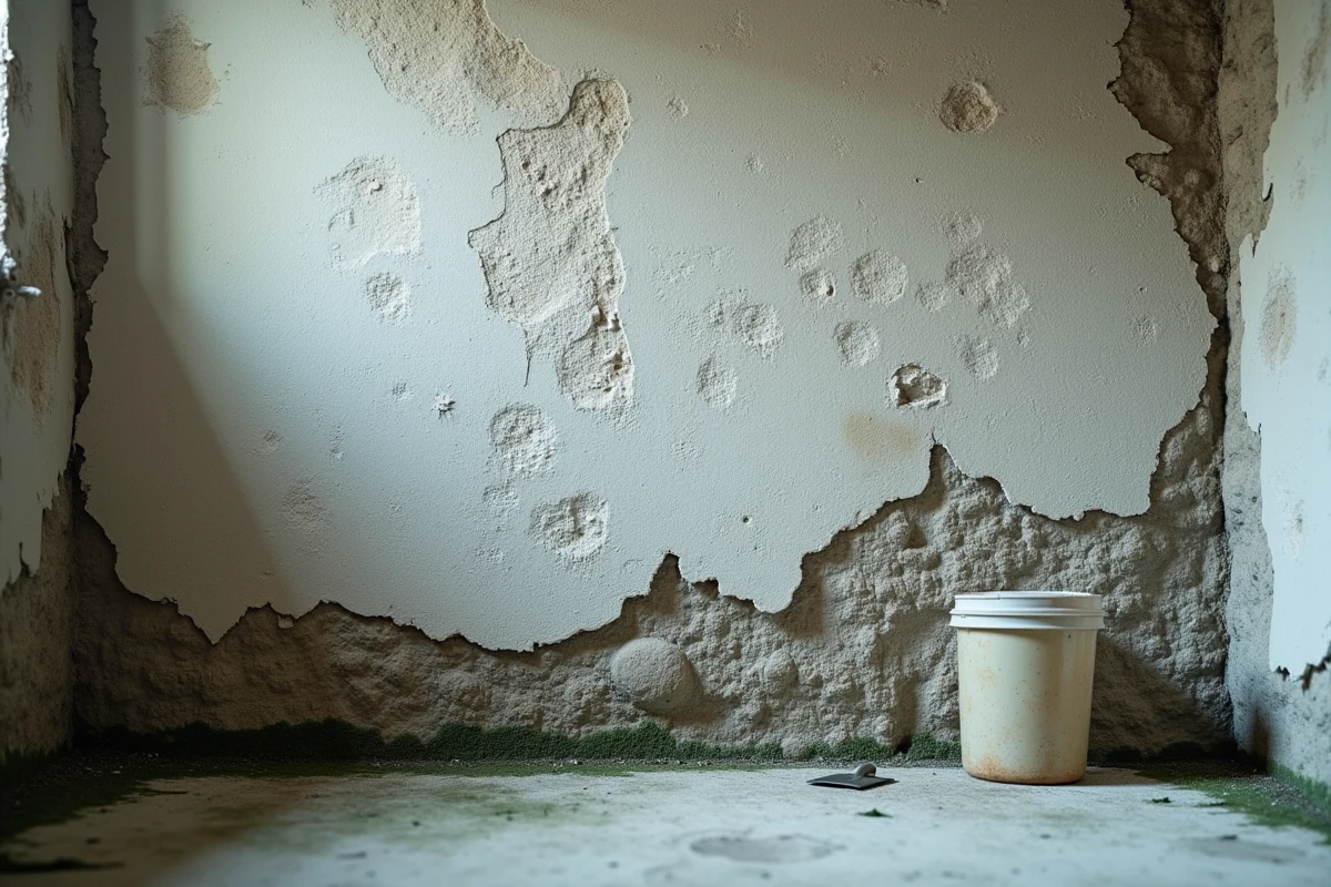 Mur de cave humide avec dépôts de salpêtre et produit de traitement anti-salpêtre