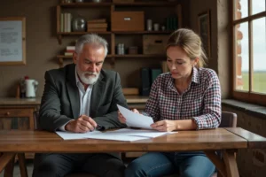 Notaire et agriculteur examinent des papiers dans un bureau rustique