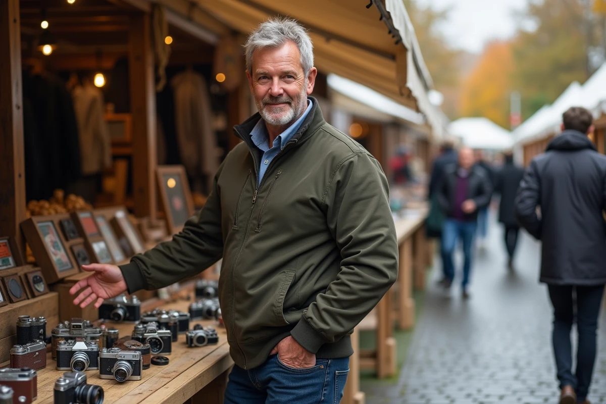 Homme explorant des nouveautés loisirs et loisirs créatifs sur un marché urbain en automne