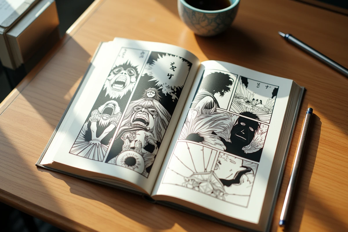 Pages ouvertes d'un volume manga japonais en noir et blanc posé sur une table en bois avec une tasse de thé