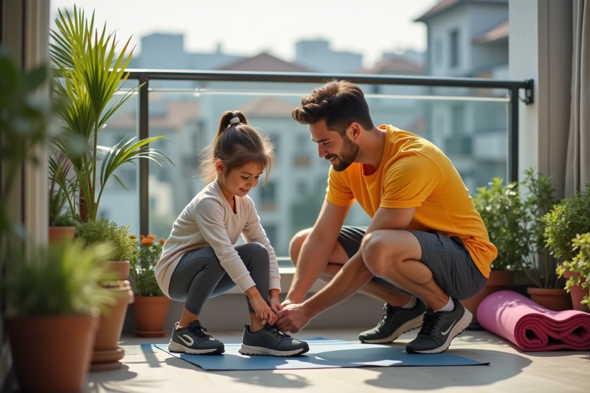 Père et fille sur un balcon en train de lacer leurs chaussures