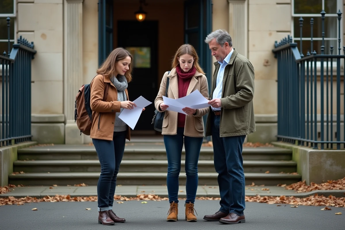 Groupe de parents d'élèves consultant des documents devant l'entrée d'une école primaire