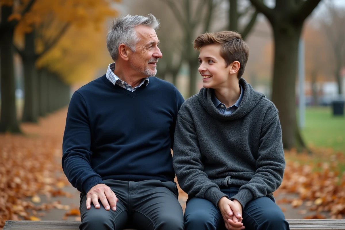 Père et fils adolescent assis sur un banc de parc en automne lors d'une conversation bienveillante