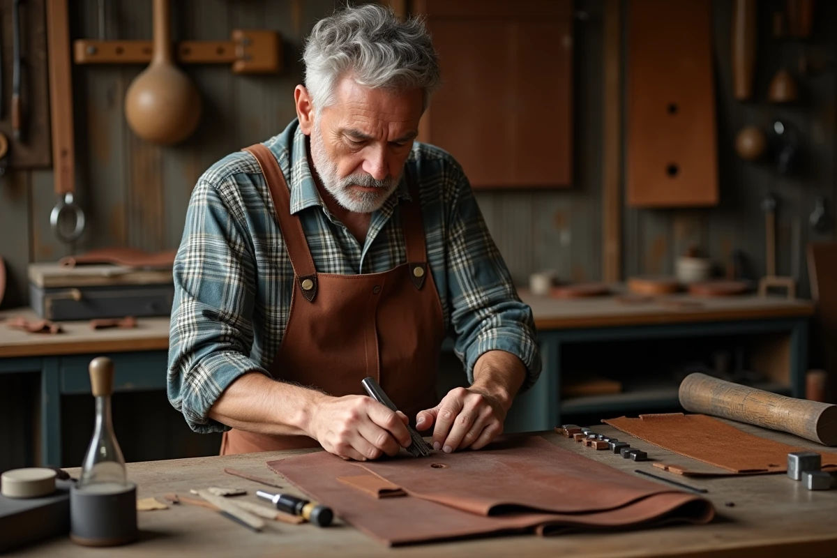Artisan utilisant un emporte-pièce pour perforer du cuir épais sur un établi de maroquinerie