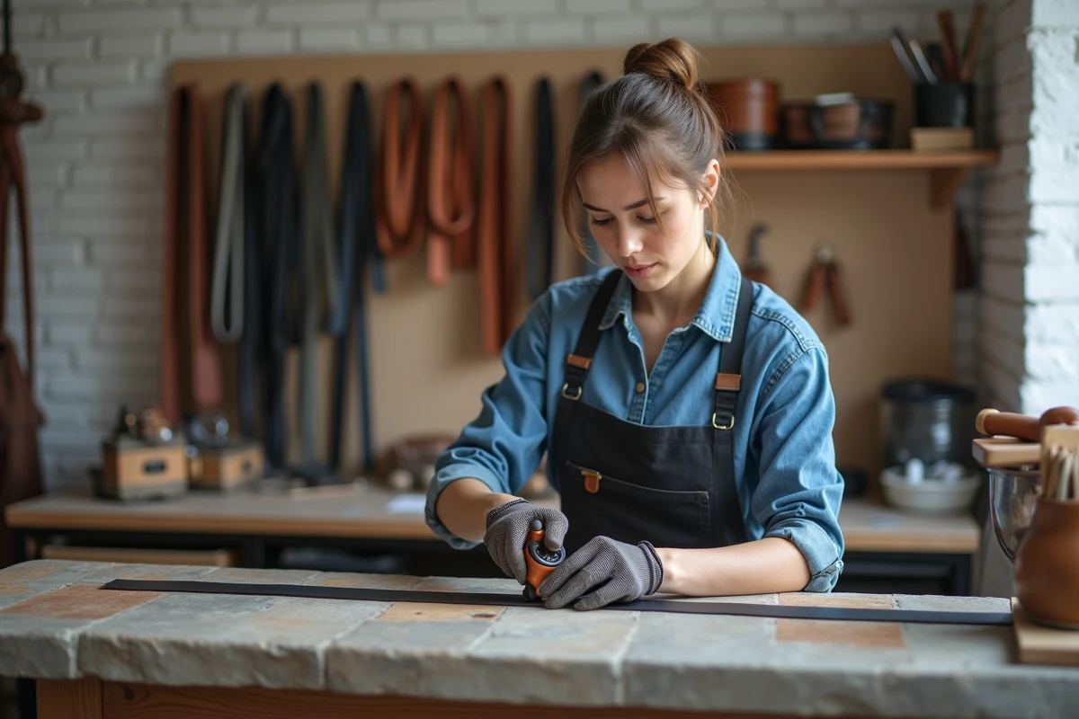Jeune femme perforant une ceinture en cuir noir avec une pince perforatrice rotative dans un atelier moderne