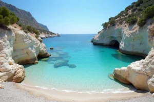 Plage des 3 Pointes à Bonifacio avec falaises calcaires blanches et eau turquoise transparente en Corse du Sud