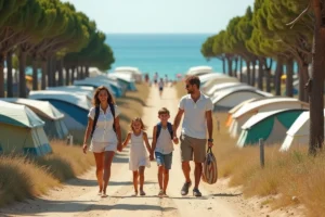 Vue panoramique du plus grand camping d'Europe en bord de mer avec des centaines de tentes et caravanes entre les pins