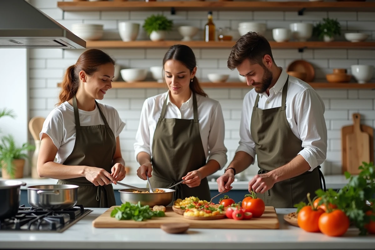 Préparation collective d'un repas pour 10 personnes dans une cuisine moderne par des amis
