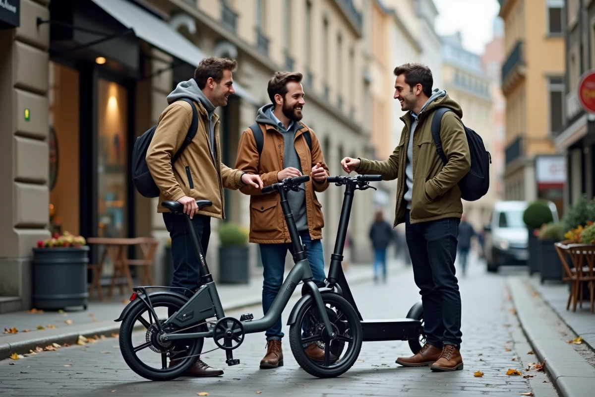 Professionnels discutant des nouvelles solutions de mobilité électrique urbaine avec un vélo cargo et une trottinette électrique en ville