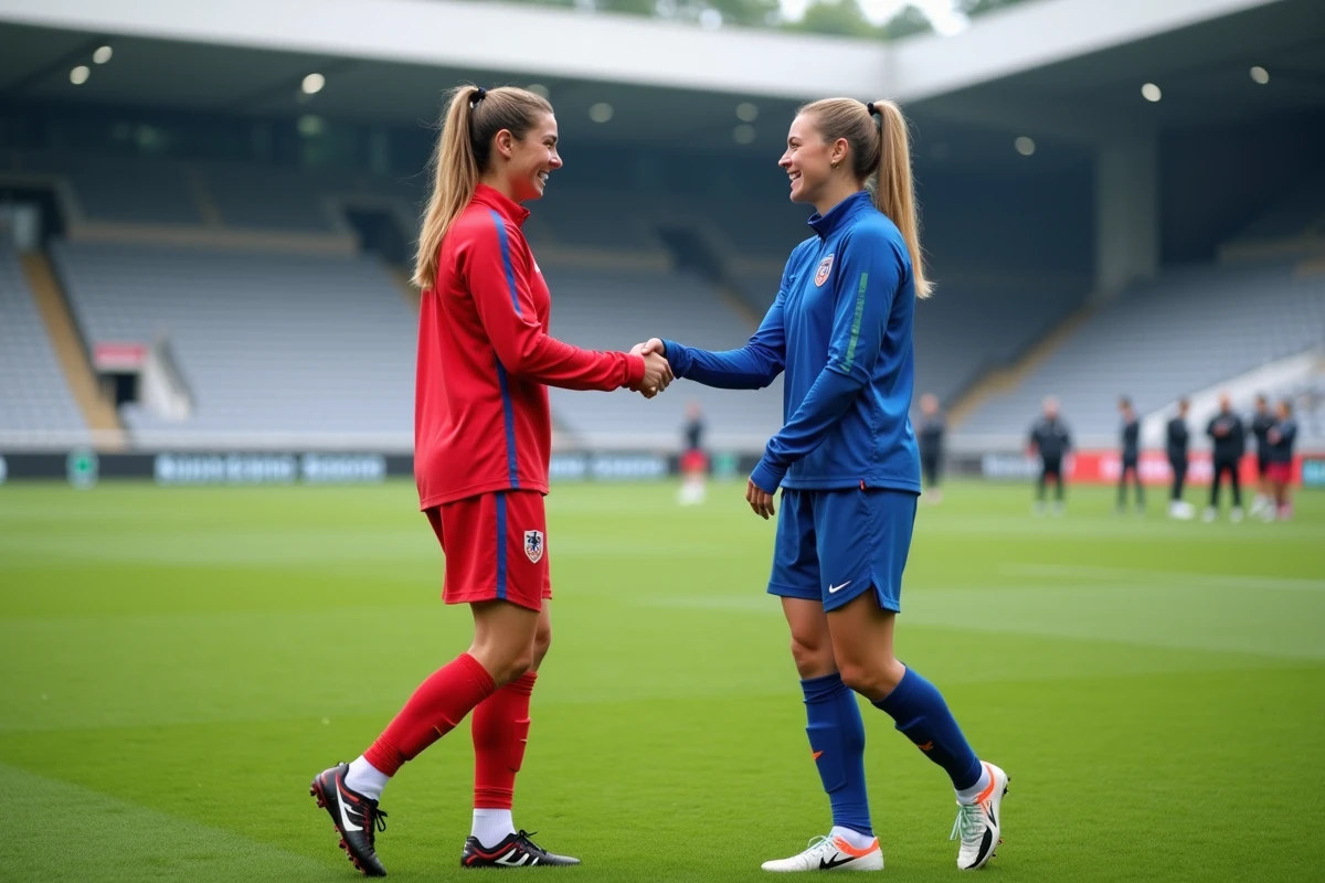 Deux joueuses de football professionnel se saluant lors d'un transfert de mercato sur un terrain d'entraînement