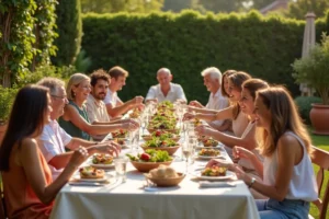 Grand repas convivial entre amis autour d'une table en bois dans un jardin verdoyant pour 10 personnes