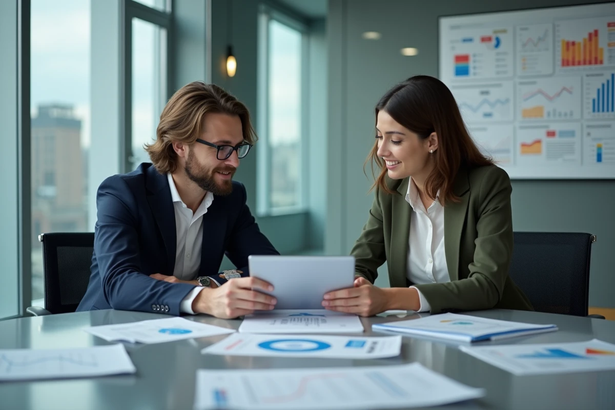 Deux professionnels du marketing d'influence analysant des données de campagne et des tableaux de bord réseaux sociaux en réunion d'agence