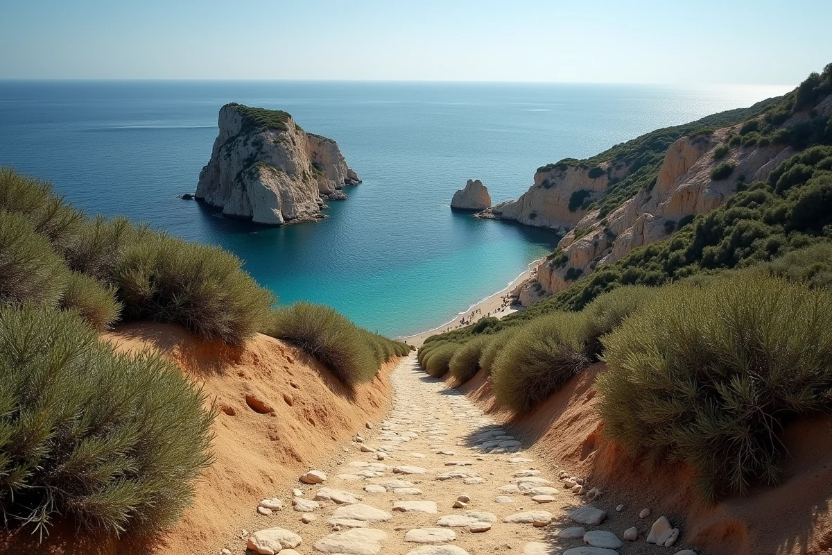 Sentier côtier rocheux menant à la plage des 3 Pointes de Bonifacio entouré de végétation méditerranéenne en Corse
