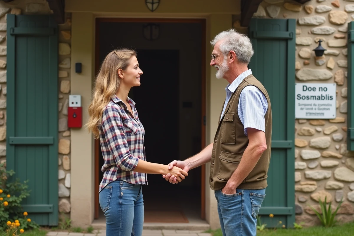 Jeune femme et propriétaire rural se serrant la main à l
