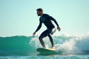 Surfeur en combinaison noire sur une vague de l'océan pratiquant le surf en mer ouverte