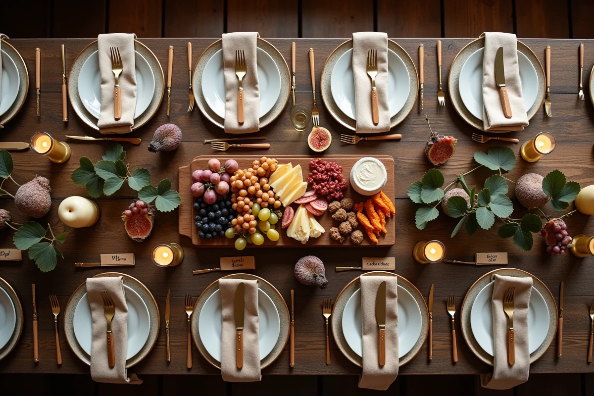 Table dressée vue du dessus pour un repas convivial de 10 personnes avec décoration naturelle