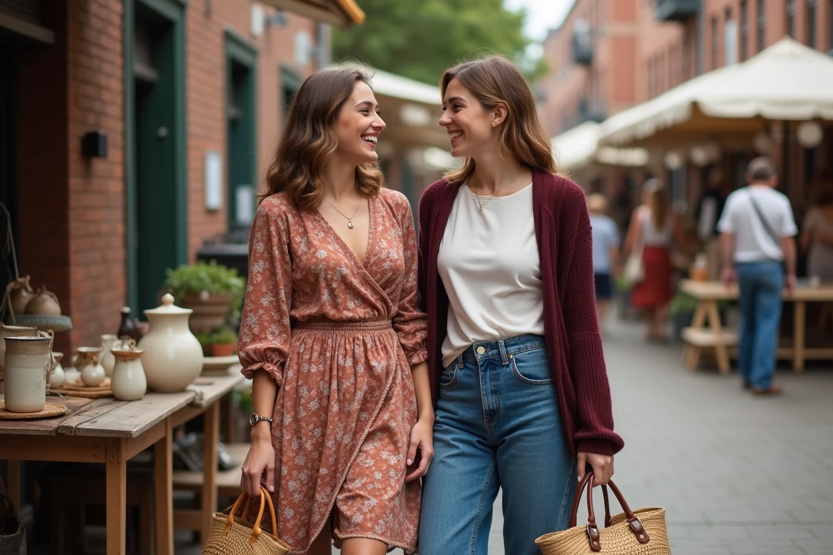 Deux femmes riant dans un marché vintage portant des tenues tendance 2024, robe midi terracotta et cardigan bordeaux avec jean large