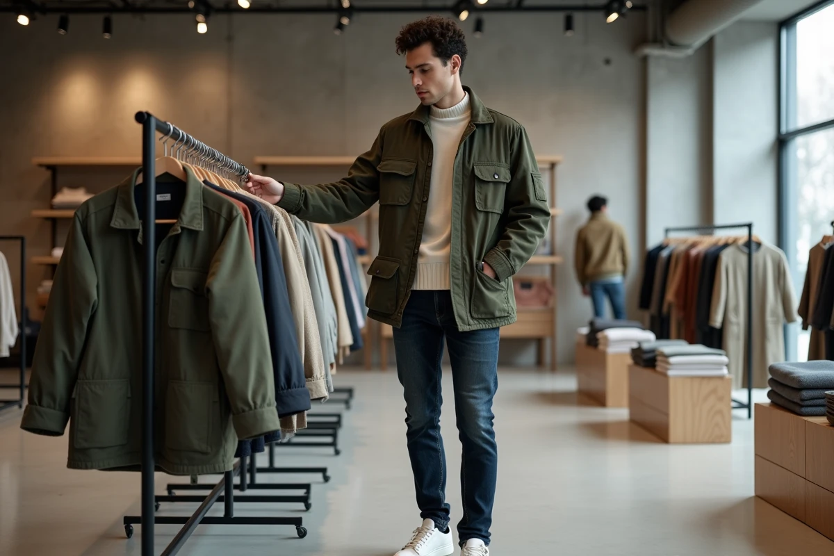 Homme en veste utilitaire verte et col roulé crème dans un concept store minimaliste, look tendance homme automne-hiver 2024