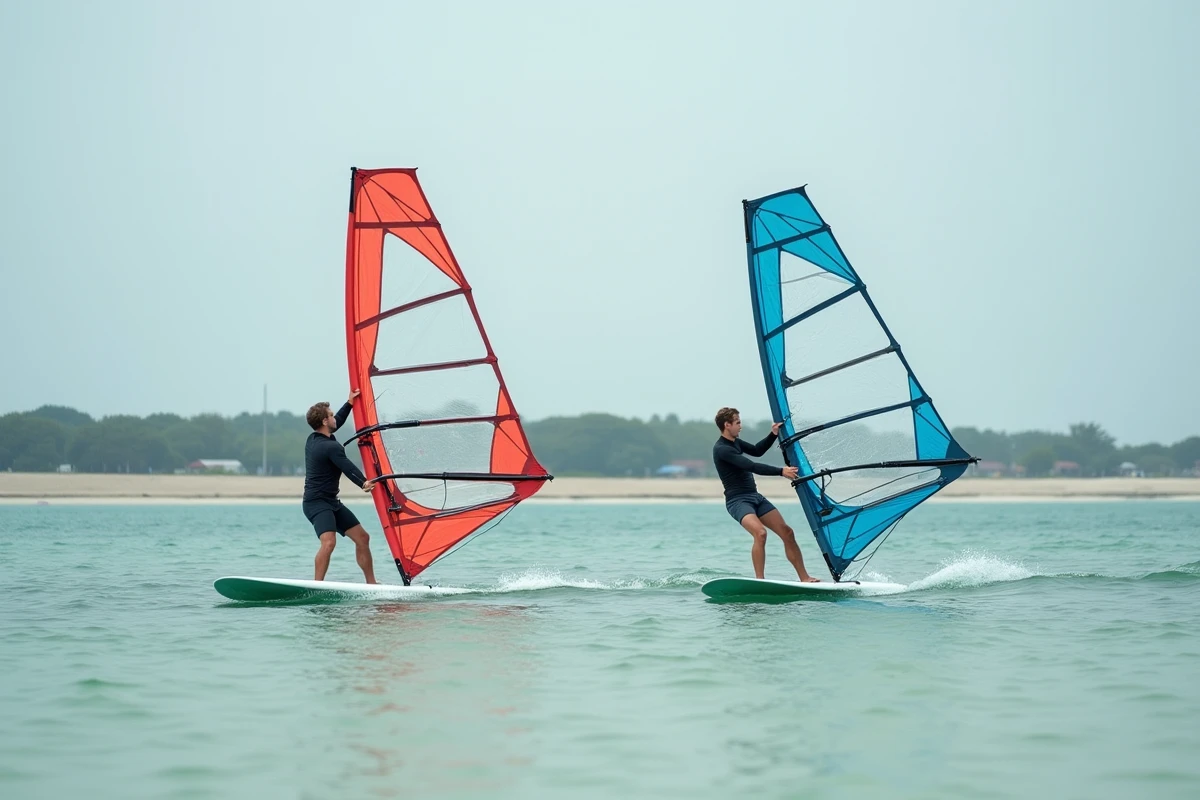 Deux windsurfeurs sur un lagon côtier avec des planches à voile colorées rouge et bleue